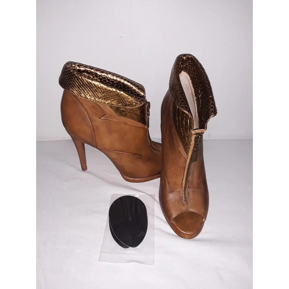 Alexandre Birman Sz 6  Leather Open-Toe Booties w Bronze Snakeskin Rim